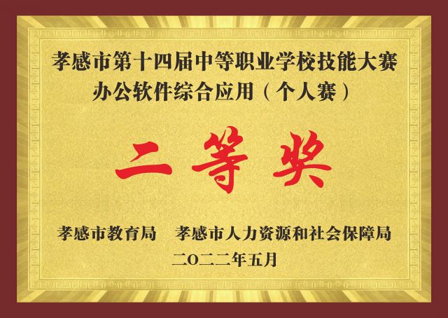 孝感市第十四届中等职业学校技能大赛办公软件综合应用（个人赛）二等奖